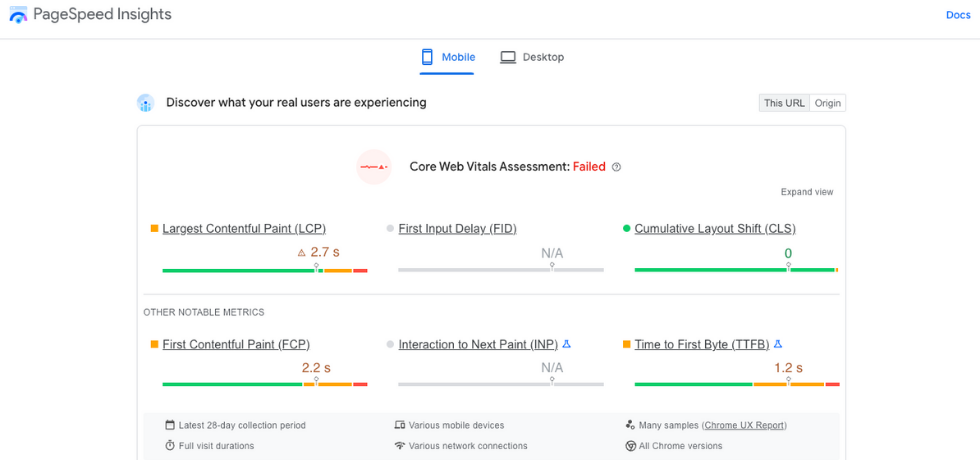 Simple Tips to Building a Great Small Business Website - core web vitals screenshot