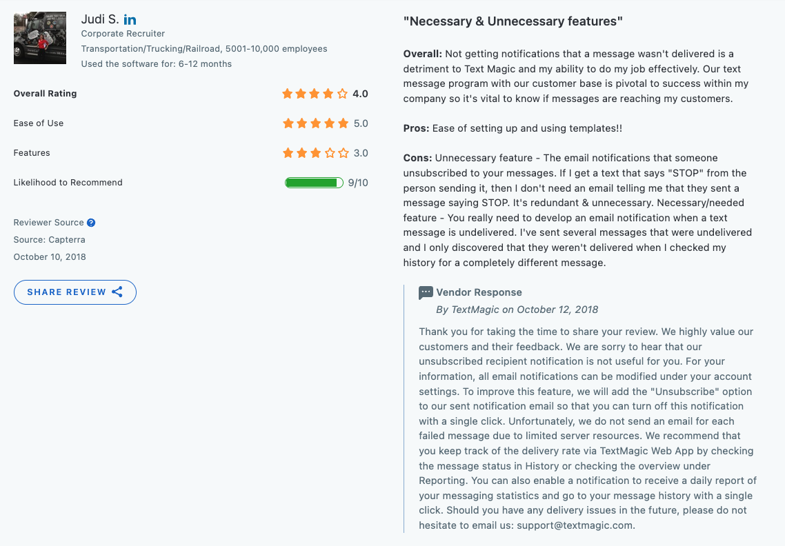 Example of Textmagic review going the extra mile